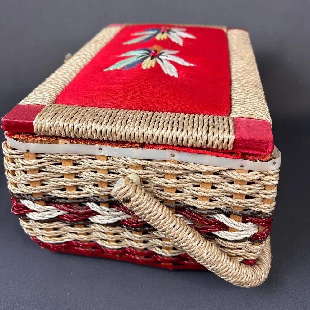 Charming Vintage Cream + Red Wicker Sewing Box 11